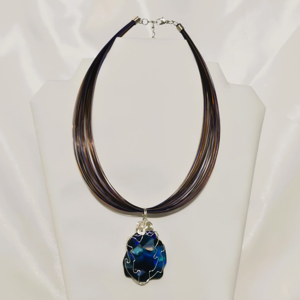Wire Wrapped Blue Glass Cabachon Pendant